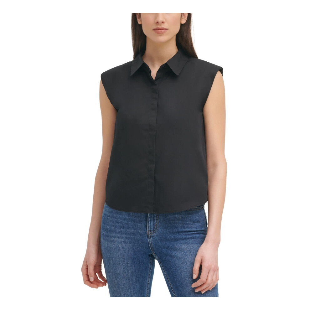 Calvin Klein Sleeveless Button-Up Blouse w/Padded Shoulders Black MD (