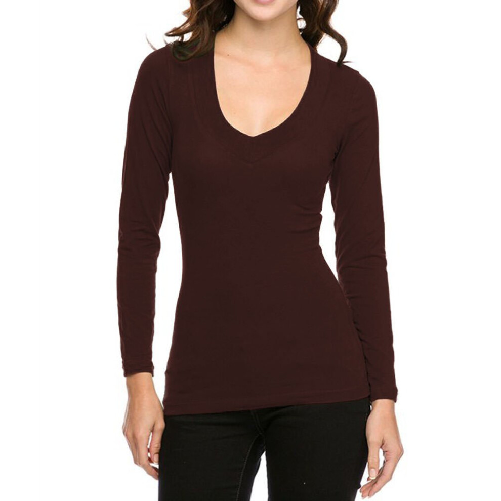 Ambiance Basic Jersey Cotton Wide V-Neck Long Sleeve Casual Tee Shirt