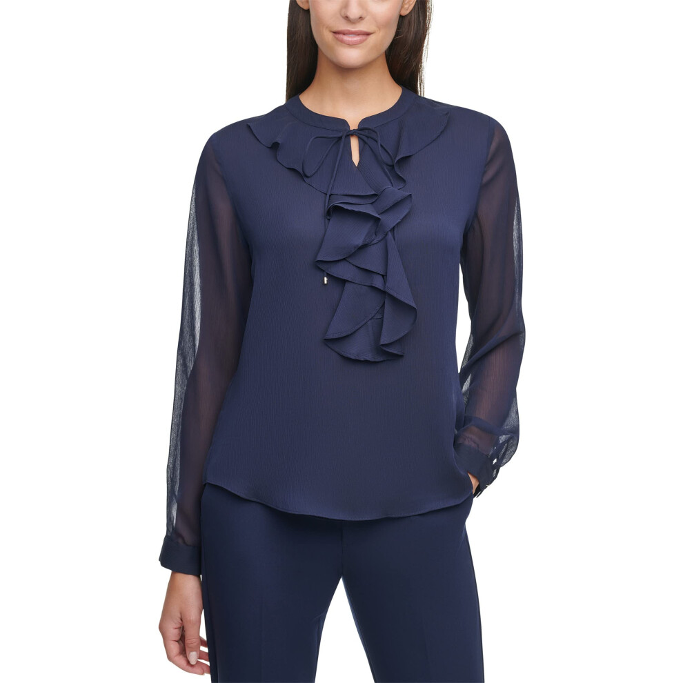 Tommy Hilfiger Women's Classic Long Sleeve Ruffle Front Blouse  Midnig