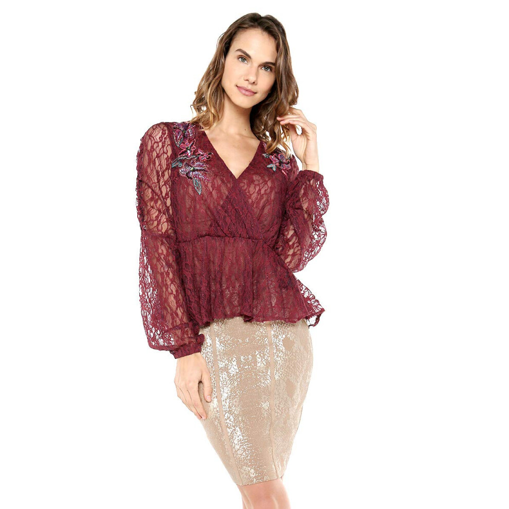 Guess Women's Long Sleeve Estelle Lace Top  Petite Syrah  S