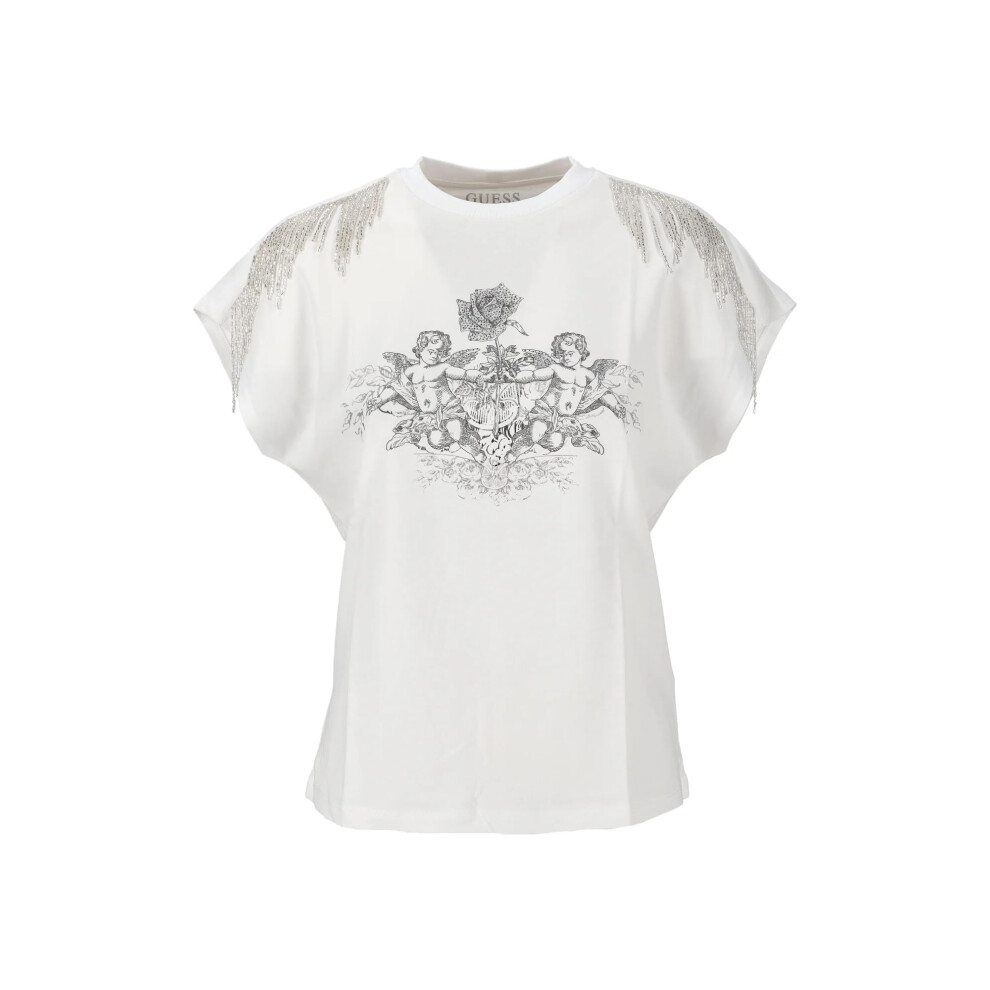 GUESS Women's Short Sleeve Royal Fringe Top  Pure White