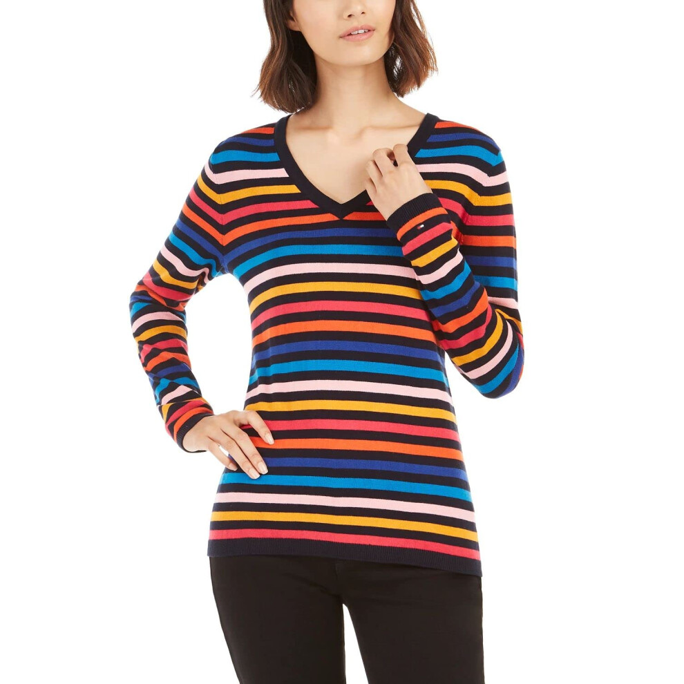 Tommy Hilfiger Womens Blue Striped Long Sleeve V Neck Top Size XL