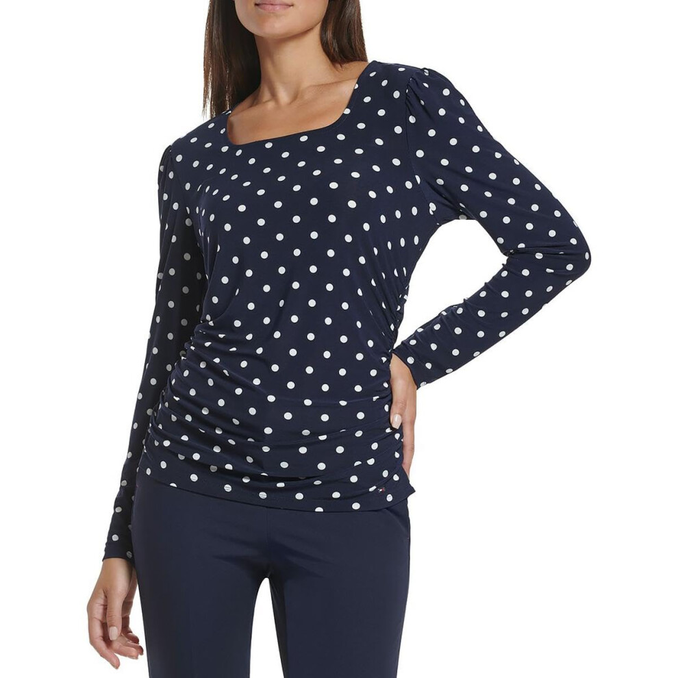 Tommy Hilfiger Womens Polka Dot Ruched Blouse Navy L