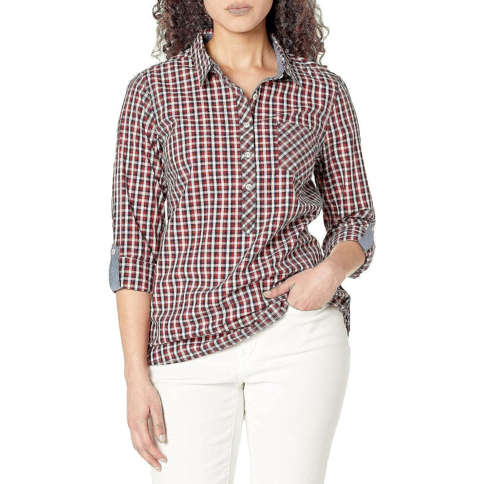 Tommy Hilfiger Women's Blouse Casual Check Roll Tab Long Sleeve  Chili