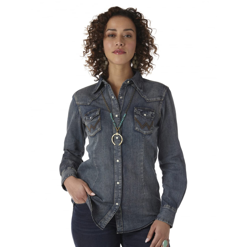 Wrangler womens Long Sleeve Western Snap Work Shirt Blouse  Denim  Med