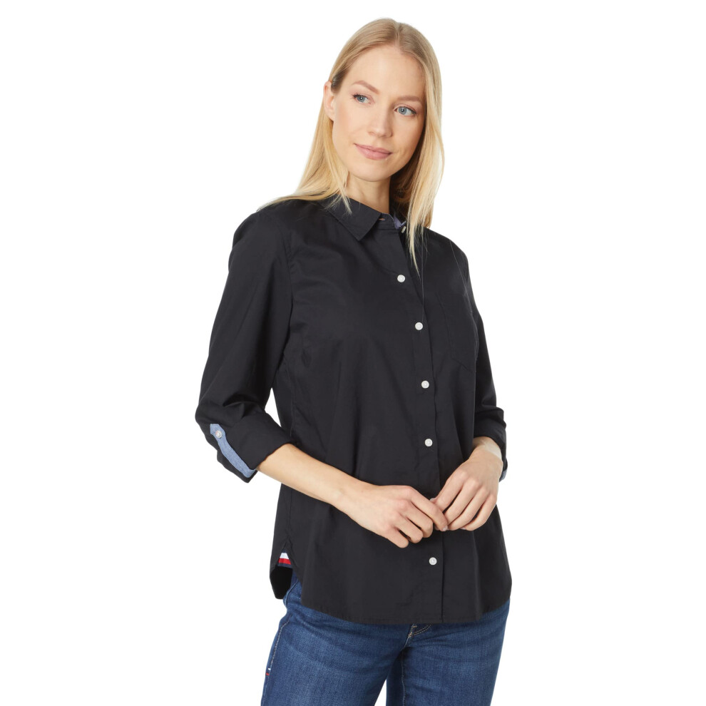 Tommy Hilfiger Women's Solid Button Collared Shirt with Adjustable Sle