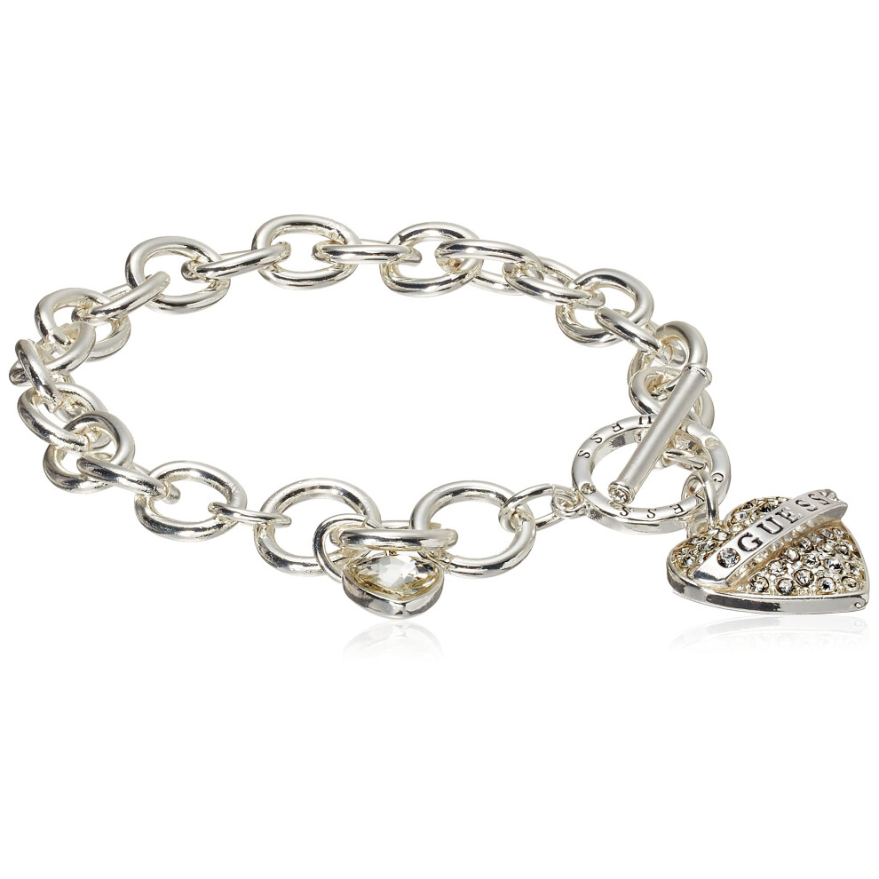 GUESS Women's Silvertone Chain Toggle Dangle Heart Charm Bracelet