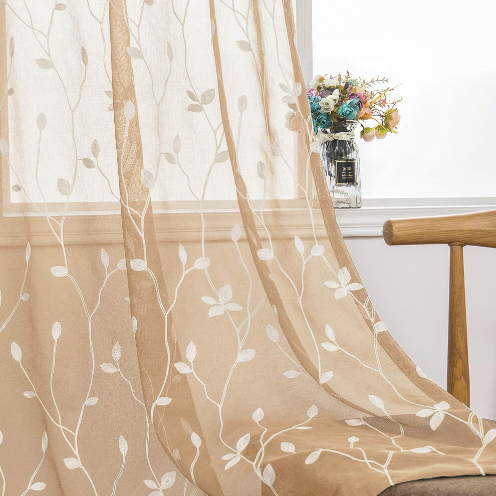 2 Panels Embroidered Leaf Pattern Semi Sheer Curtains Floral Voile Window Draperies Treatment For Bedroom Living Room Rod Pocket Beige 53 X 63 Inch-image-OPC-PFMV25R-NEW