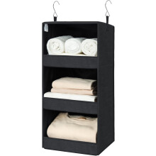 3-Shelf Hanging Storage Organiser, Fabric Hanging Clothes Organiser For Wardrobe, Slim Hanging Shelves, Clothes Hanging Storage ,Black