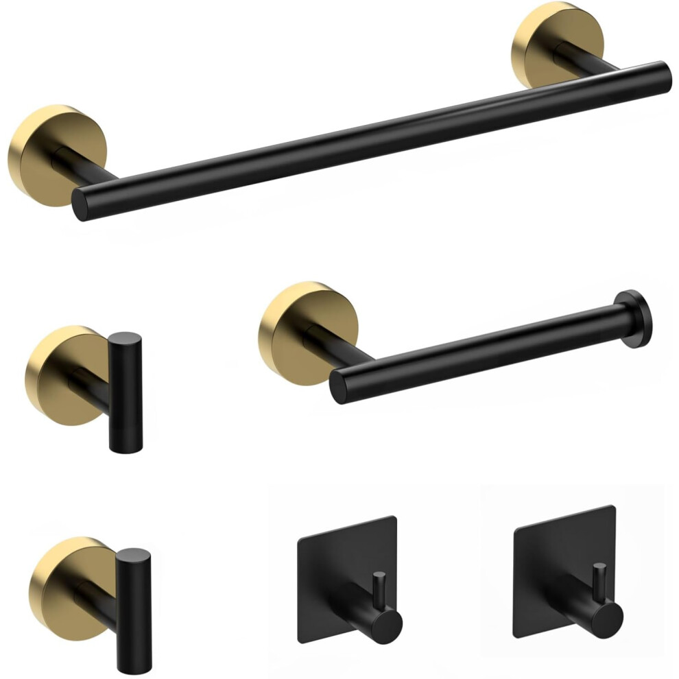 6PCS Towel Rail Bathroom Hardware Set Black Gold-40CM Towel Rail, Toilet Paper Holder, 2 Hooks, 2 Robe Hooks, 304 Stainless Steel Wall Mounted