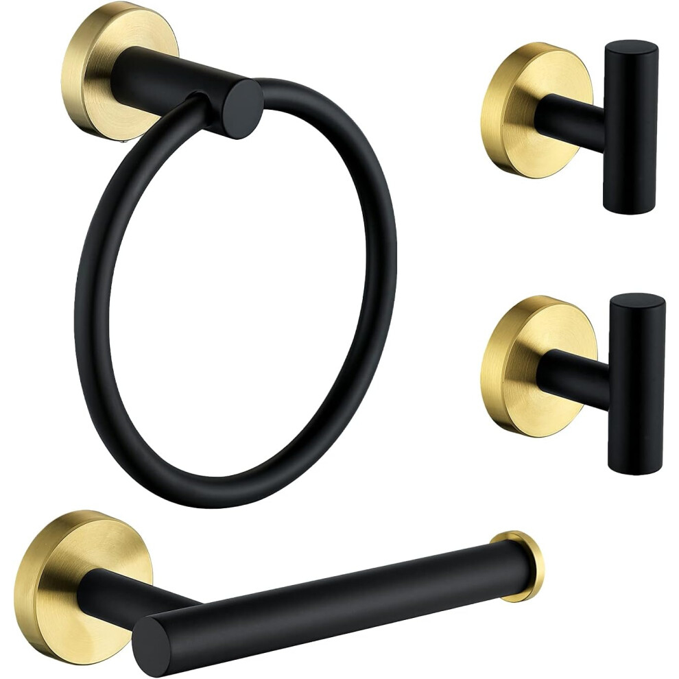 4PCS Stainless Steel Bathroom Hardware Set Black Gold -Towel Ring Holder, Toilet Paper Holder,2 Robe Towel Hooks,Bathroom Accessories Kit