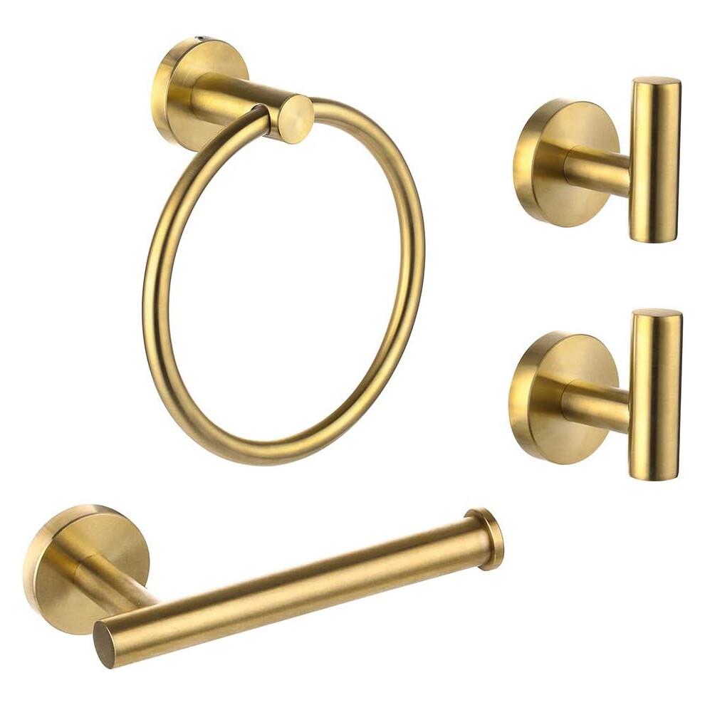 4PCS Stainless Steel Bathroom Hardware Set Gold -Towel Ring Holder, Toilet Paper Holder,2 Robe Towel Hooks,Bathroom Accessories Kit