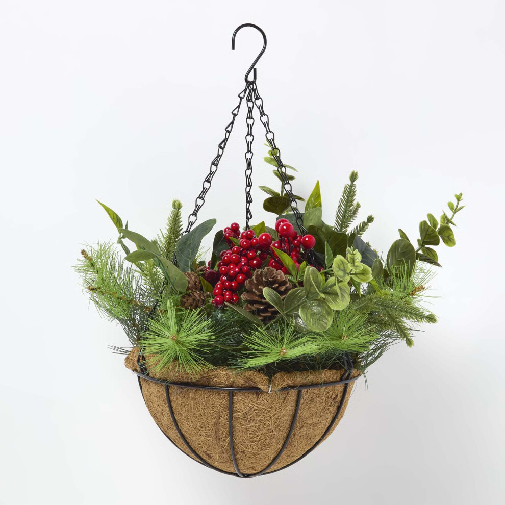 HOMESCAPES Artificial Winter Woodland and Eucalyptus Hanging Basket