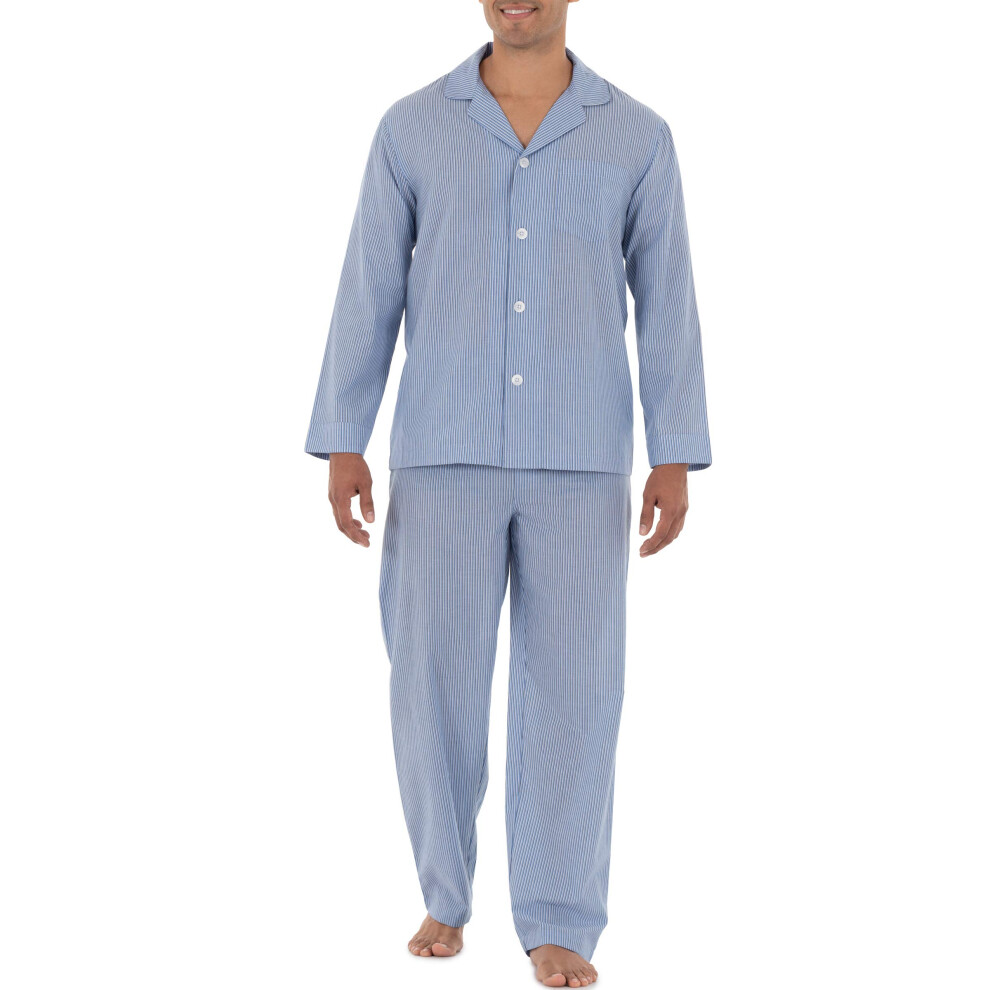 Fruit of the Loom Men's Long Sleeve Broadcloth Pajama Set  Blue Stripe