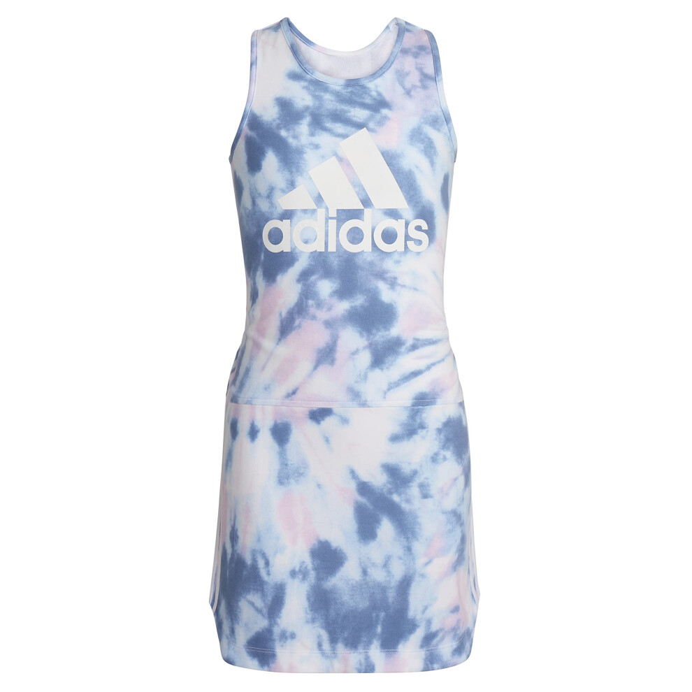 adidas Girls' Big Sleeveless Curved Hem Tank Dress  White with Blue  S