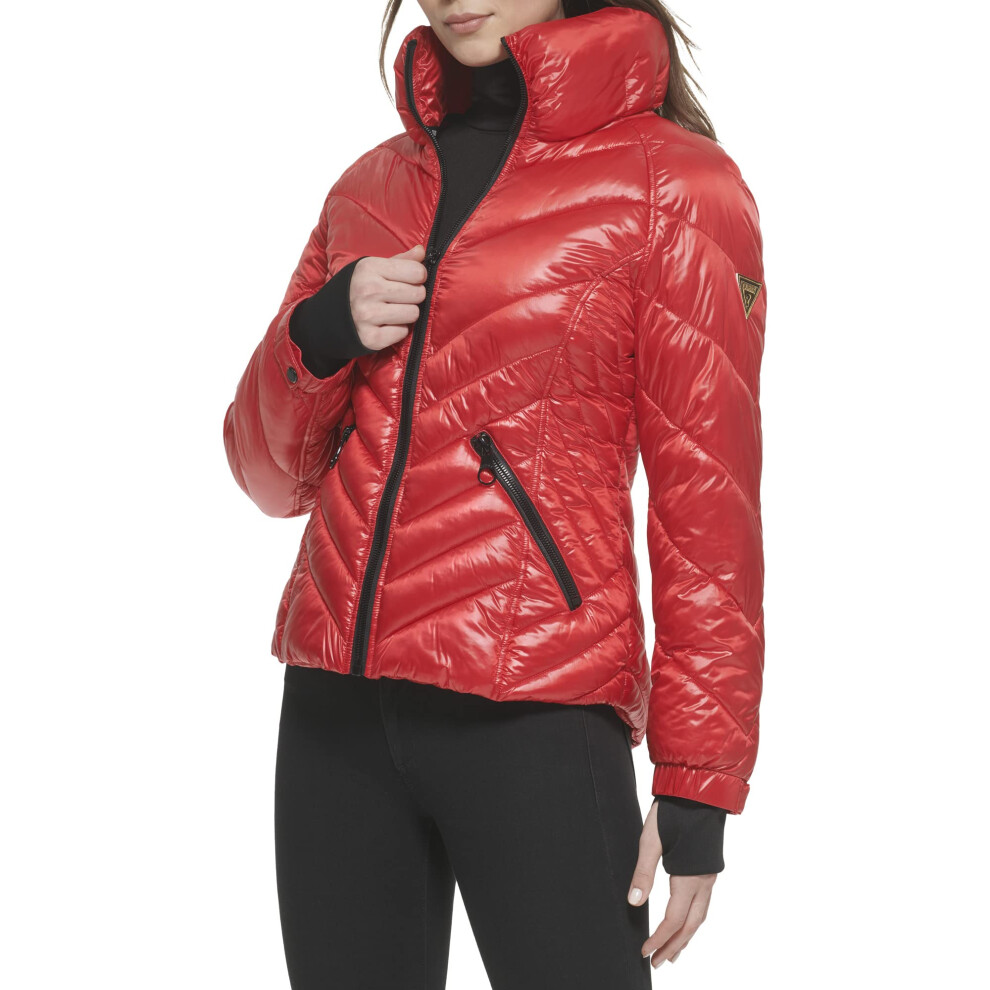 GUESS Women's Puffer Storm Cuffs- Quilted  Transitional Jacket  Fire R