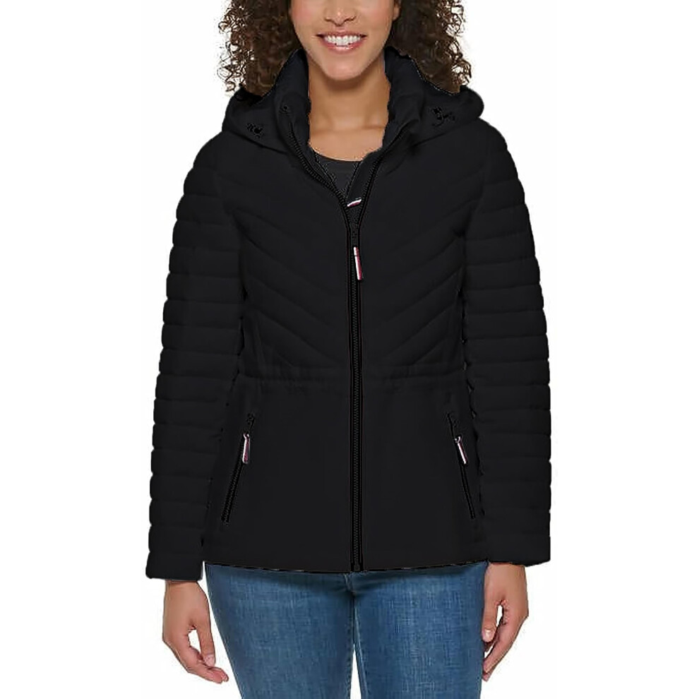 Tommy Hilfiger Women's Puffer Lightweight Hooded Stretch Jacket with D