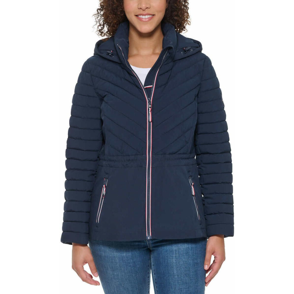 Tommy Hilfiger Women's Puffer Lightweight Hooded Stretch Jacket with D