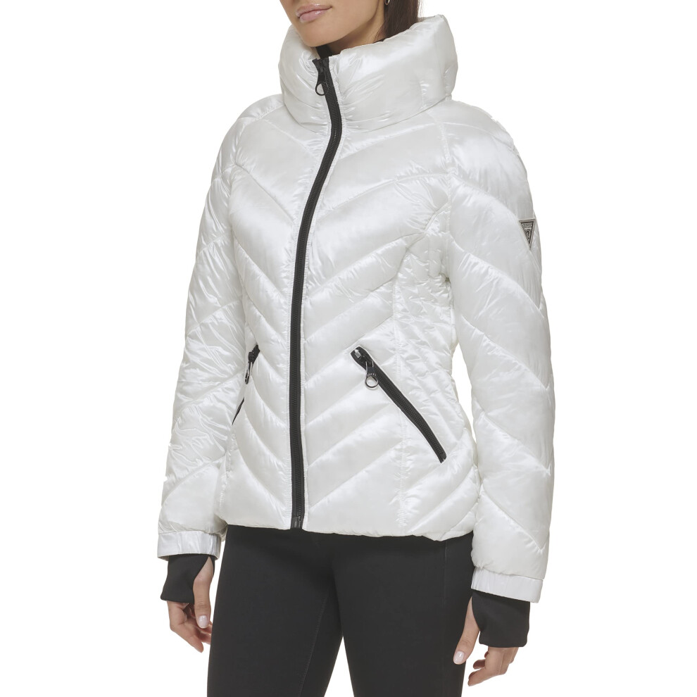 GUESS Women's Puffer Storm Cuffs- Quilted  Transitional Jacket  White