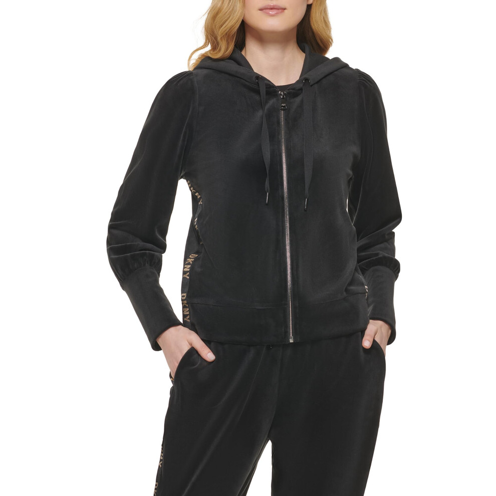 DKNY Women's Everyday Soft Zip Up Hoodie  BLK/Gold