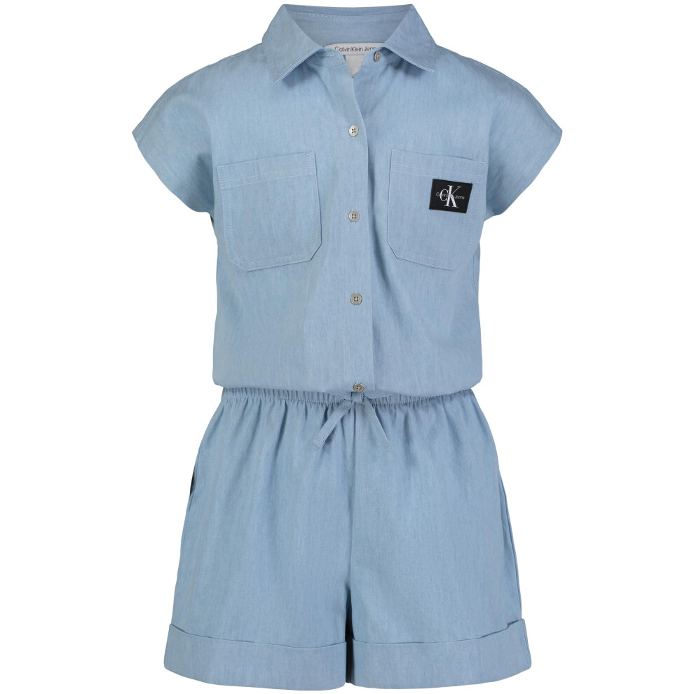 Calvin Klein Girls' Short Sleeve Lightweight Denim Romper  Light Wash