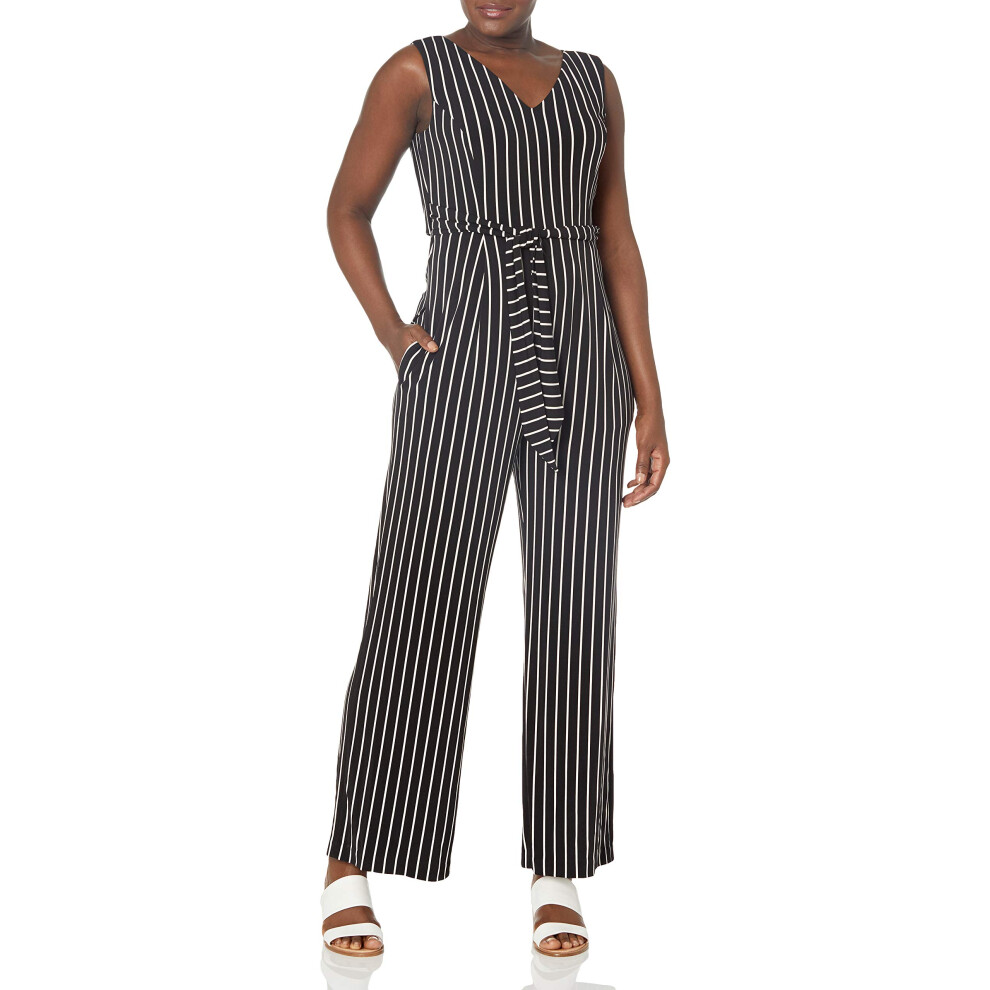 Calvin Klein Women's Sleeveless V Neck Jumpsuit with Self Sash Waist