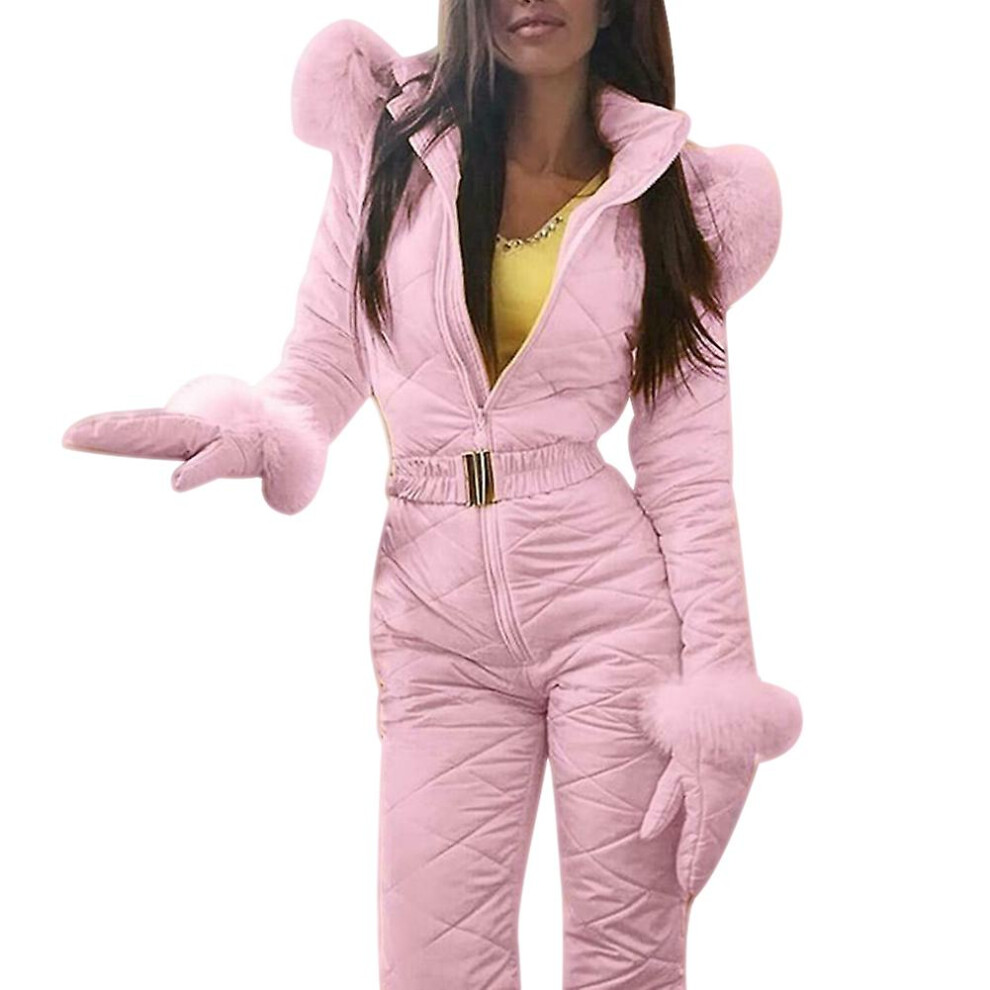 (Pink, S) Women Winter Warm Snowsuit Outdoor Sports Pants Ski Suit Waterproof Jumpsuit