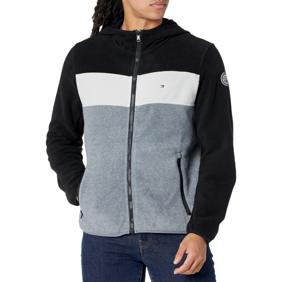 Tommy Hilfiger Men's Hooded Polar Fleece Jacket  Black/Ice/Light Grey