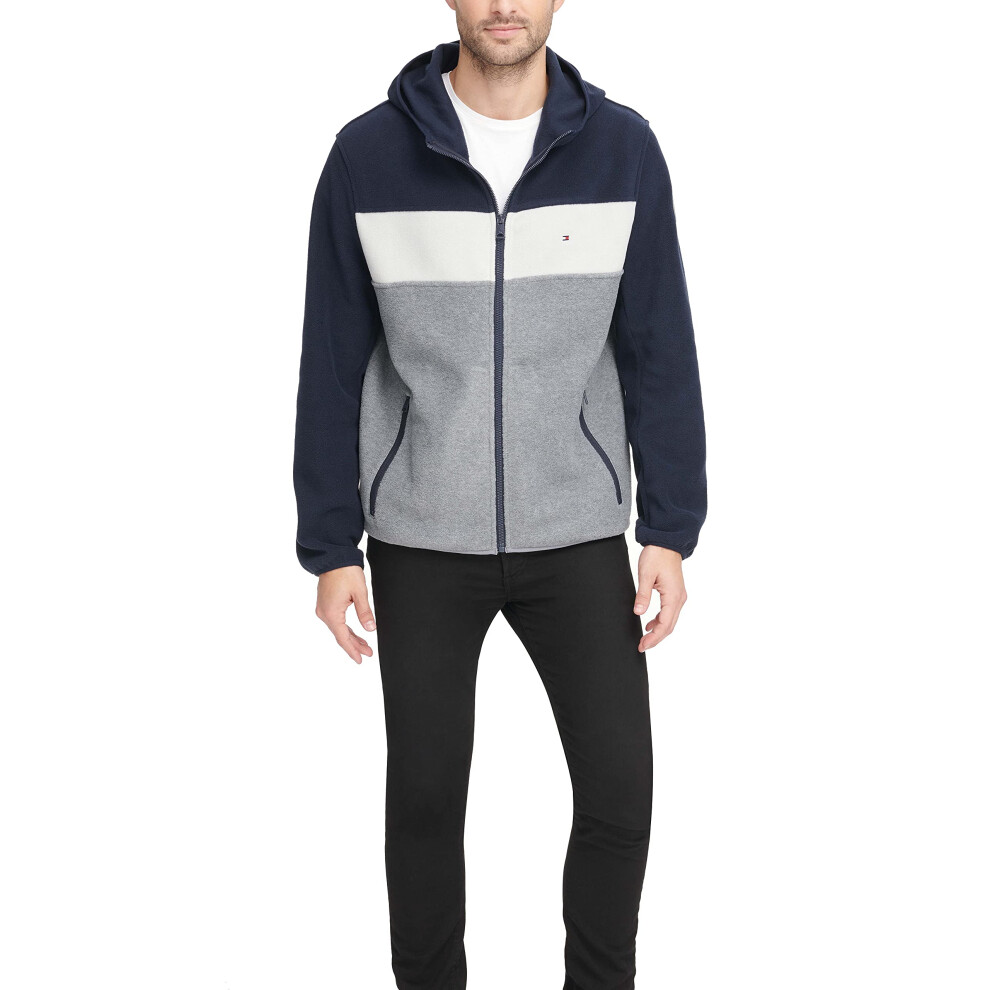 Tommy Hilfiger Men's Hooded Polar Fleece Jacket  Navy/White/Light Grey