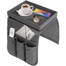 Sofa Arm Tray Remote Couch Control Stand With Removable Tray Pu Leather Chair With 5 Pockets(grey)
