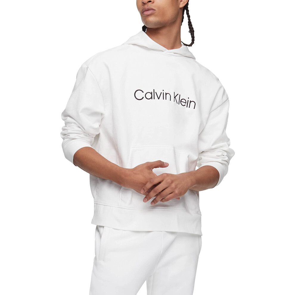 Calvin Klein Men's Relaxed Fit Logo French Terry Hoodie  Brilliant Whi