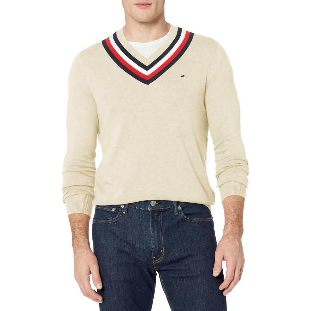 Tommy Hilfiger mens Stripe V Neck Sweater  B2561 Snow White Heather  X