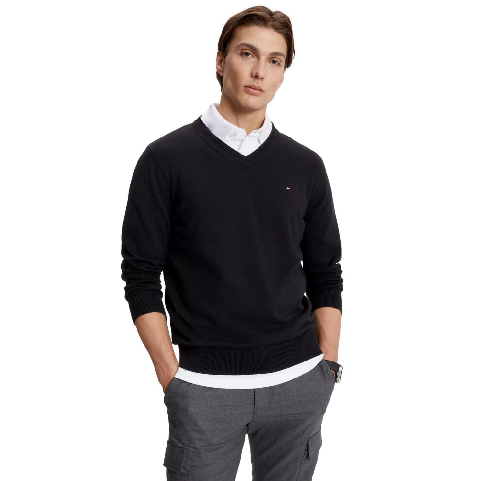 TOMMY HILFIGER Men's Cotton V Neck Sweater  Black  M