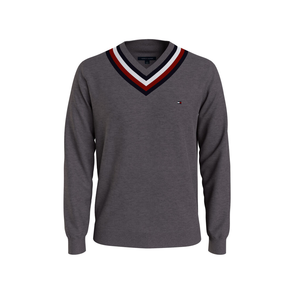 Tommy Hilfiger mens Stripe V Neck Sweater  B65 Charcoal Grey Heather