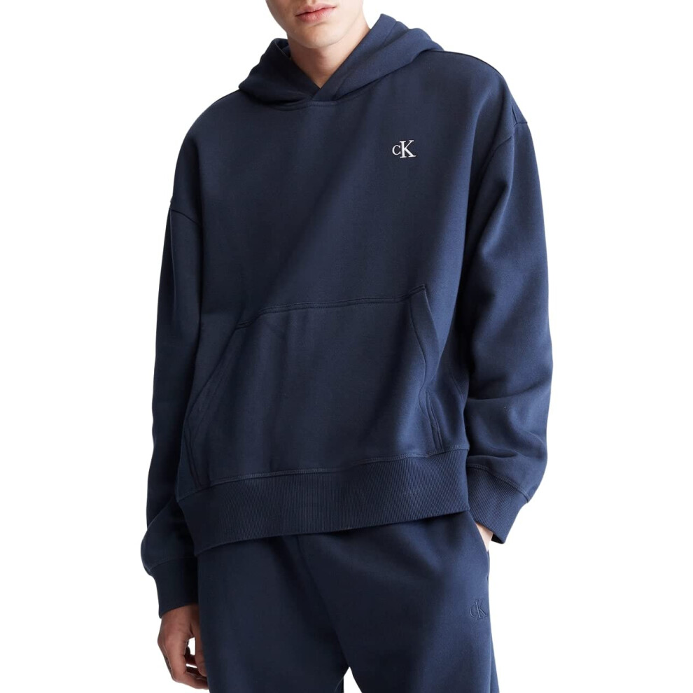 Calvin Klein Men's Relaxed Fit Monogram Logo Fleece Hoodie  Dark Sapph