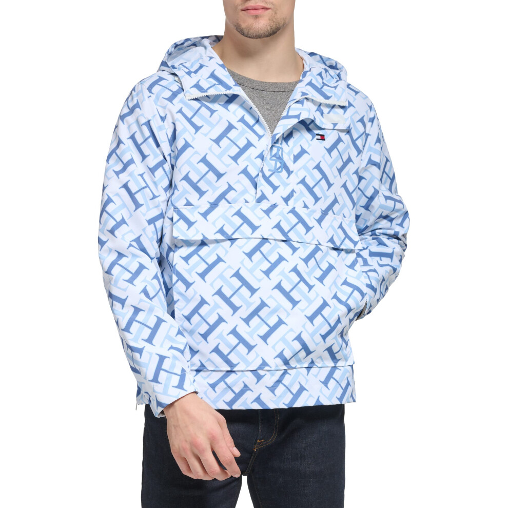 Tommy Hilfiger Men's Lightweight Popover  White/Light Blue Logo Print