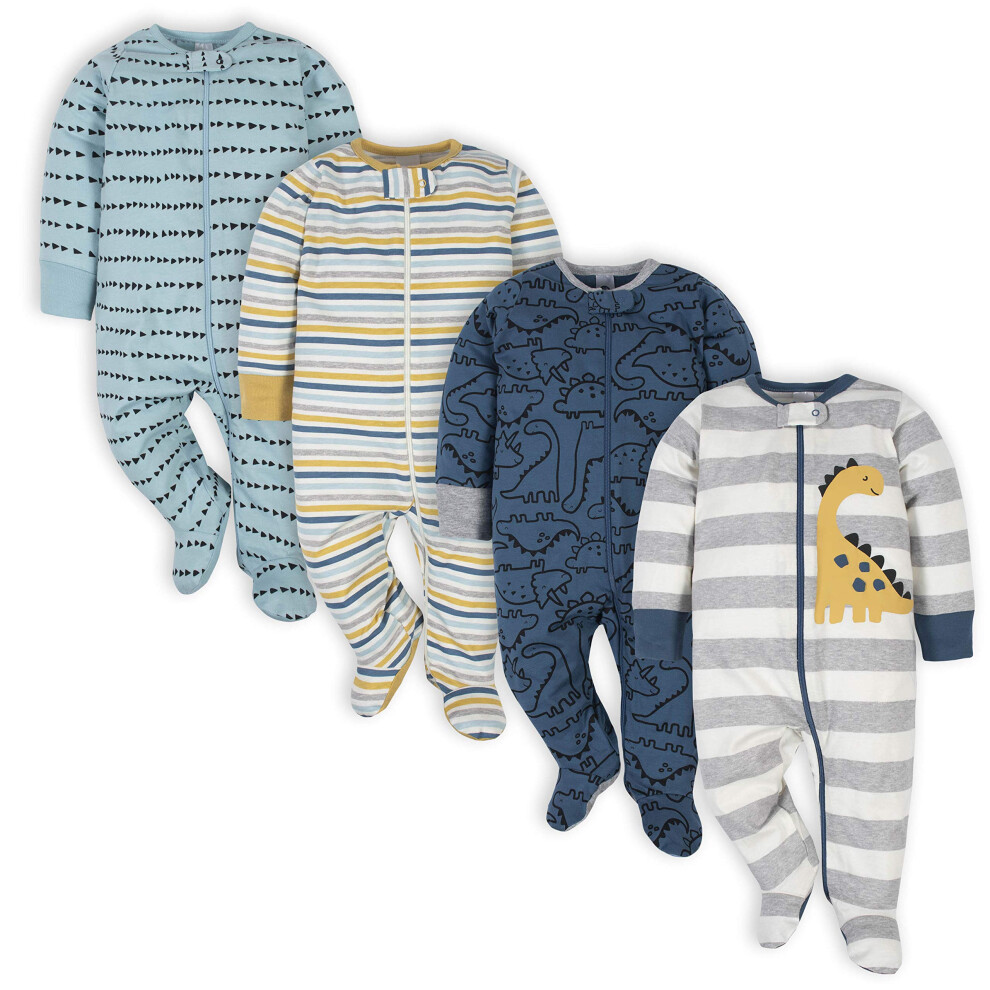 Gerber Baby Boys' 4 Pack Sleep 'N Play Footie  Dinosaur Blue  0-3 Mont