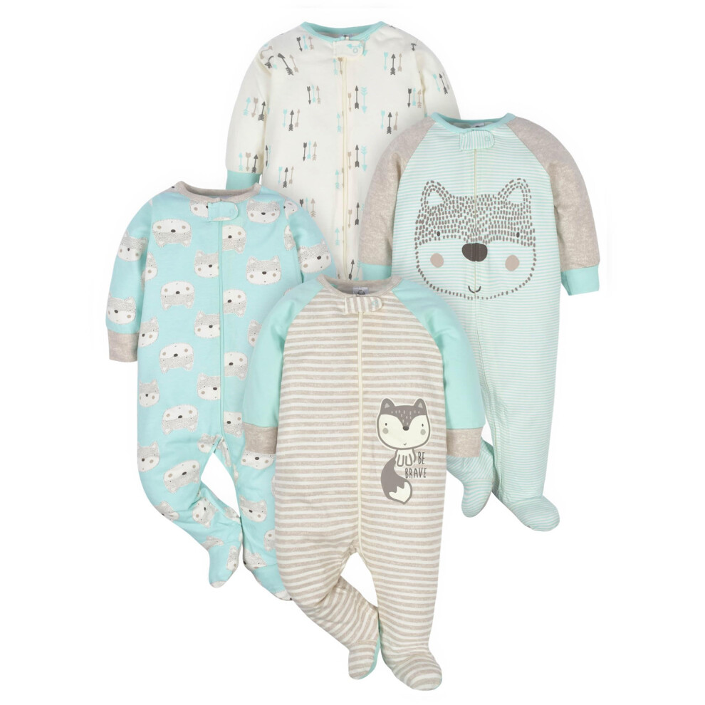 Gerber Baby Boys' 4 Pack Sleep 'N Play Footie  Aqua Fox  Newborn