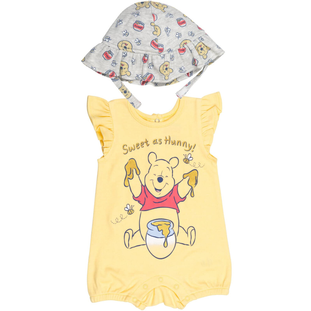 Disney Winnie the Pooh Newborn Baby Girls Snap Romper and Bucket Sun H