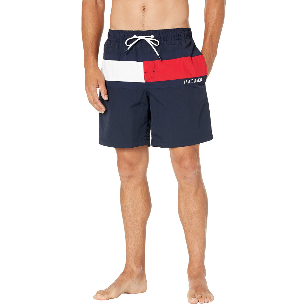 Tommy Hilfiger Mens 7  Flag With Quick Dry Swim Trunks  Sky Captain  L