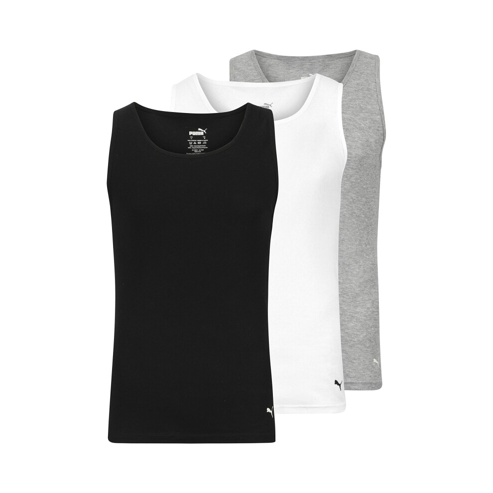 Puma Men's 3 Pack Ribbed Tank Tops  White/Gray/Black  S