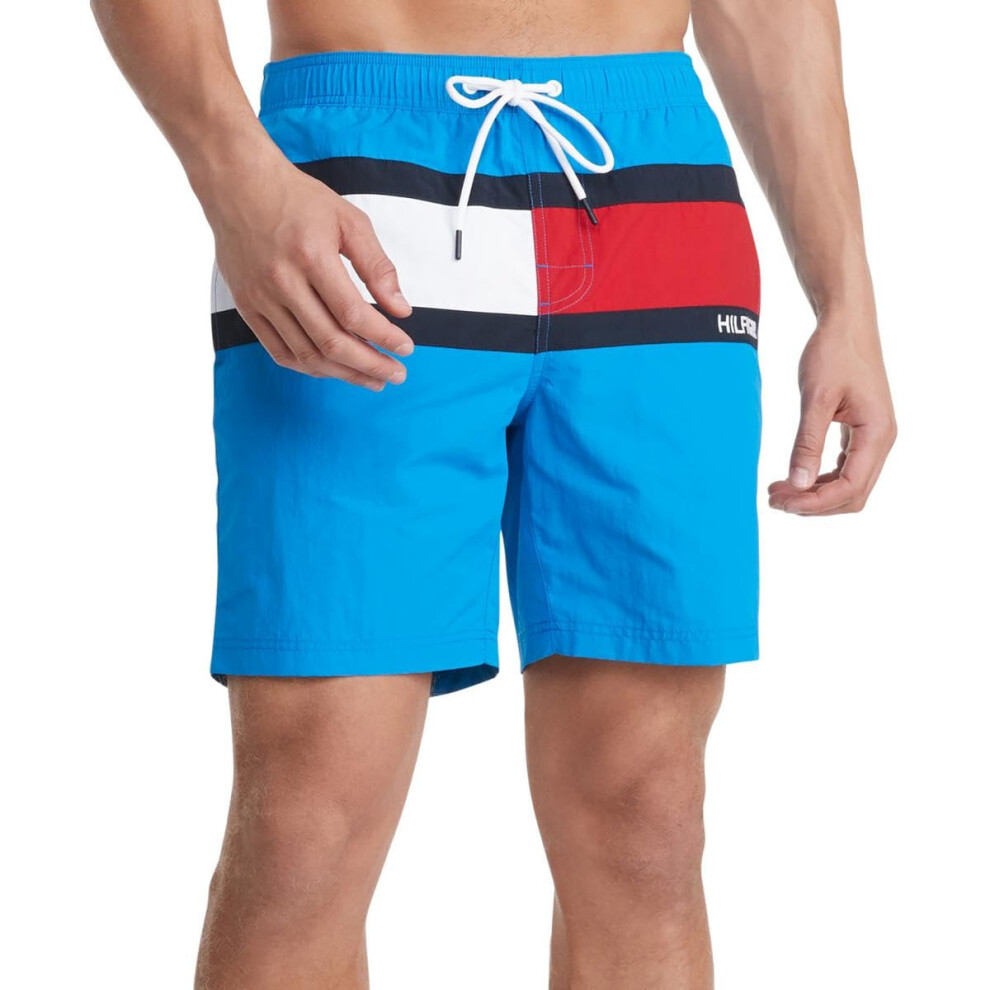 Tommy Hilfiger Men's Standard 7  Flag Swim Trunks with Quick Dry  Blue