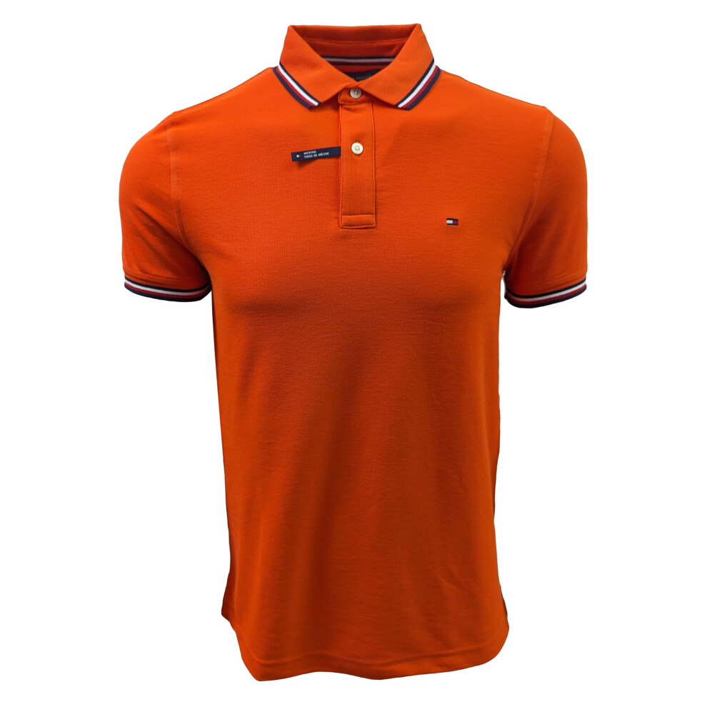 Tommy Hilfiger Mens Striped Collar Polo (Medium  Bright Orange)