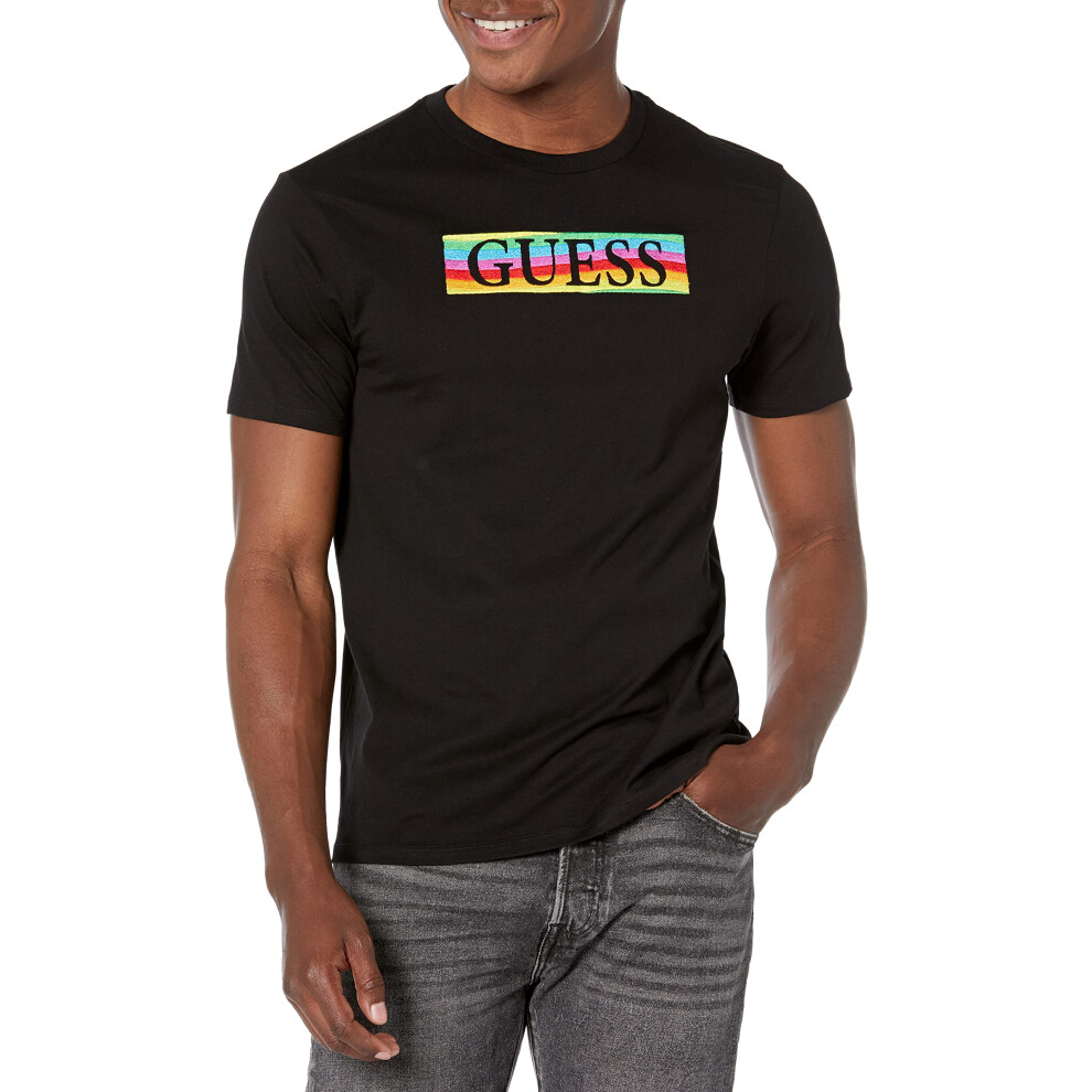 GUESS Men's Short Sleeve Basic Pride Wave Logo Tee  Jet Black