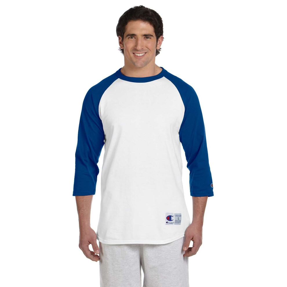 Champion Men's Raglan Baseball T-Shirt  White/Team Blue  Medium