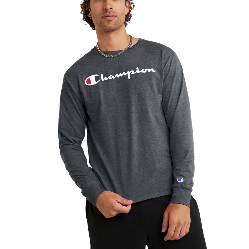 Champion Men's Classic Long Sleeve Tee  Granite Heather Script  Medium