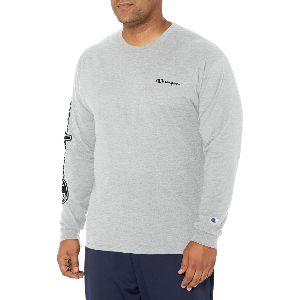 Champion Men's Classic Long Sleeve Tee  Oxford Gray Small Script  Larg