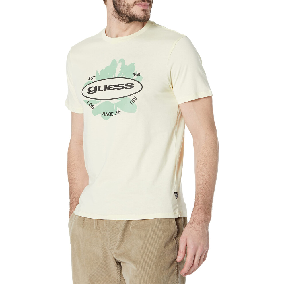 GUESS Men's Short Sleeve Basic La Logo Tee  Cream Ecru