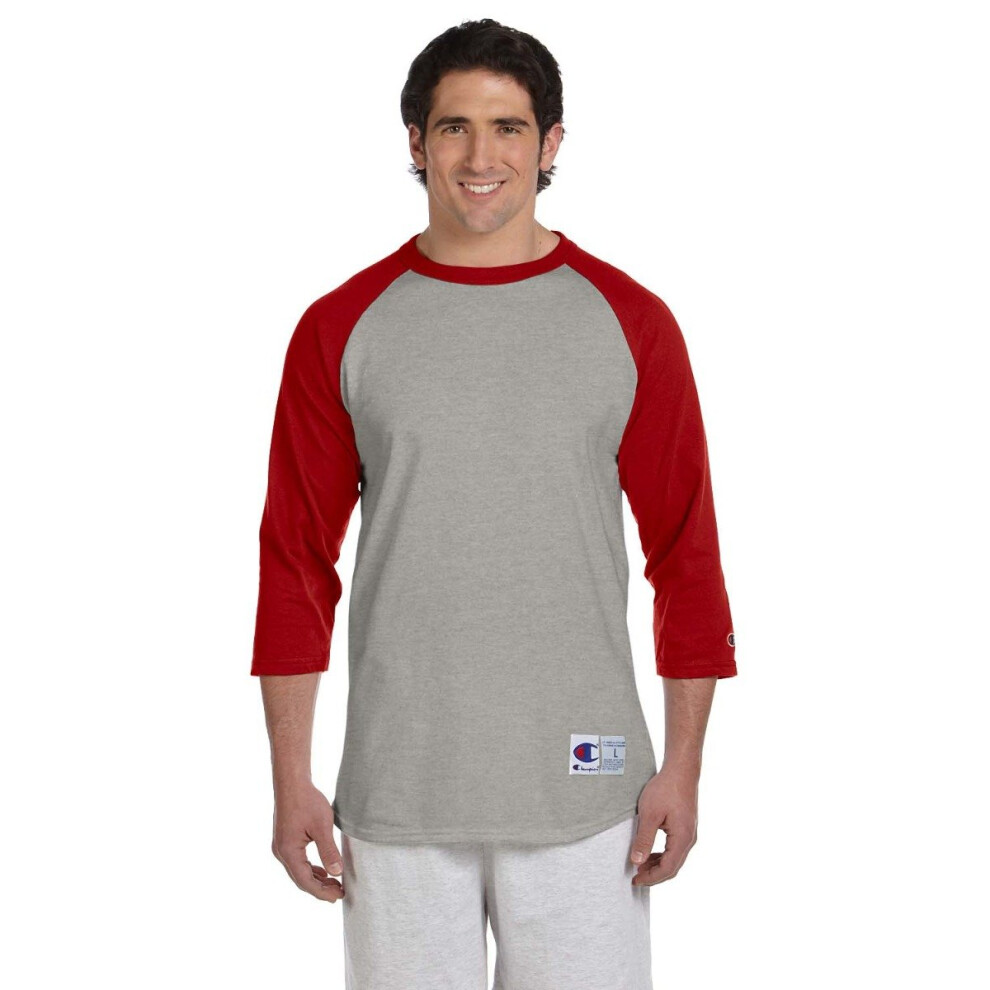 Champion Men's Raglan Baseball T-Shirt  Oxford Gray/Scarlet  Medium