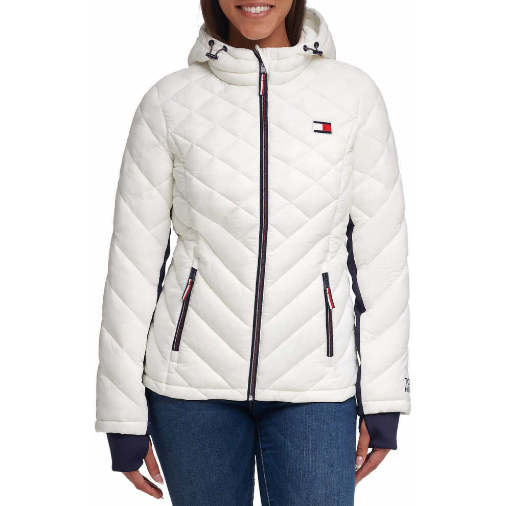 Tommy Hilfiger Women's Hooded Zip Front Short Packable Jacket  White